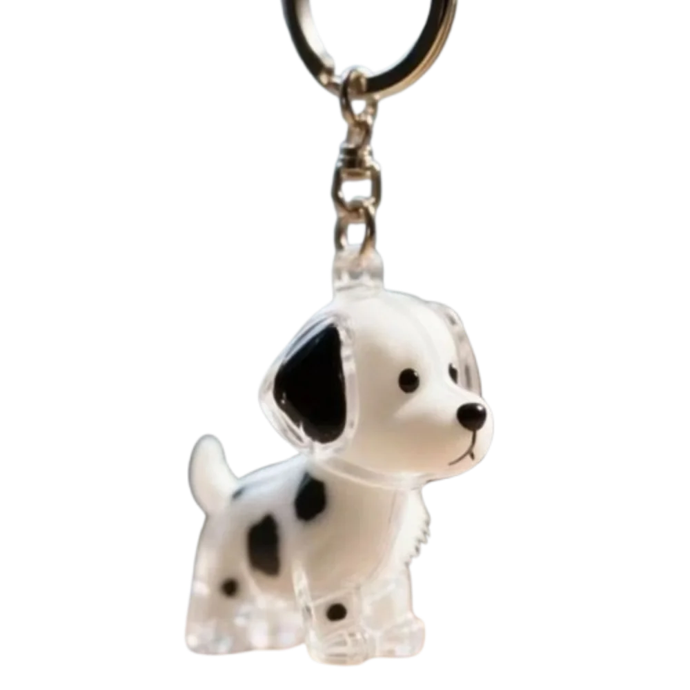 Llavero plateado con una figura de perro de dibujos animados blanco y negro.