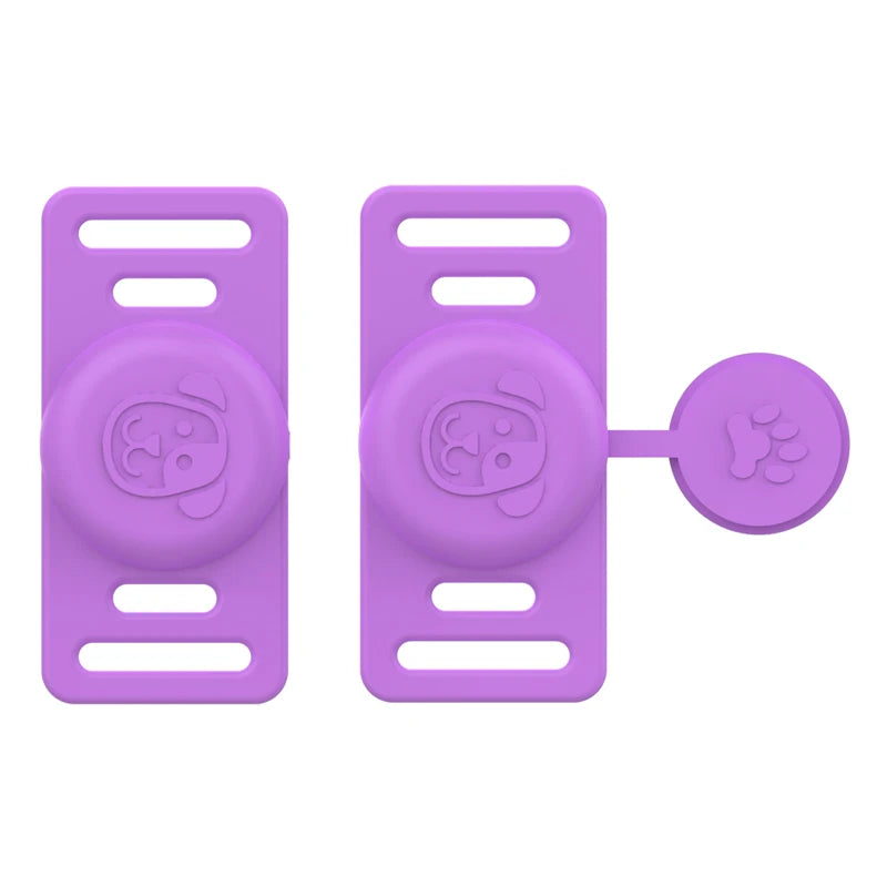 Purple silicone airtag holder designed to attach to pet collars.