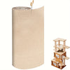 A cylindrical beige cat scratching mat with a wooden tiered cat tree visible on the right.