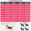 A chart detailing size information for a dog surgery recovery suit including measurements for chest, back, neck, and weight.