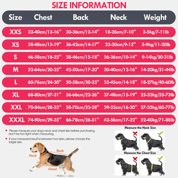 A chart detailing size information for a dog surgery recovery suit including measurements for chest, back, neck, and weight.