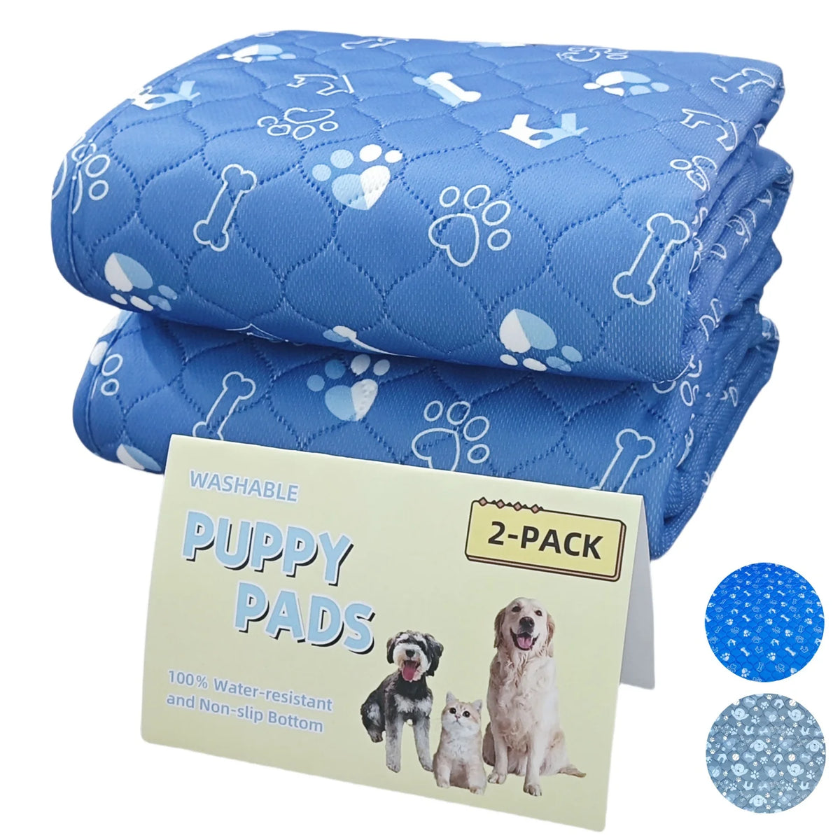 A blue quilted 2-pack of washable puppy pads with paw print designs.