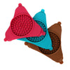 A set of three silicone licking mats for pets in pink, blue, and brown colors.