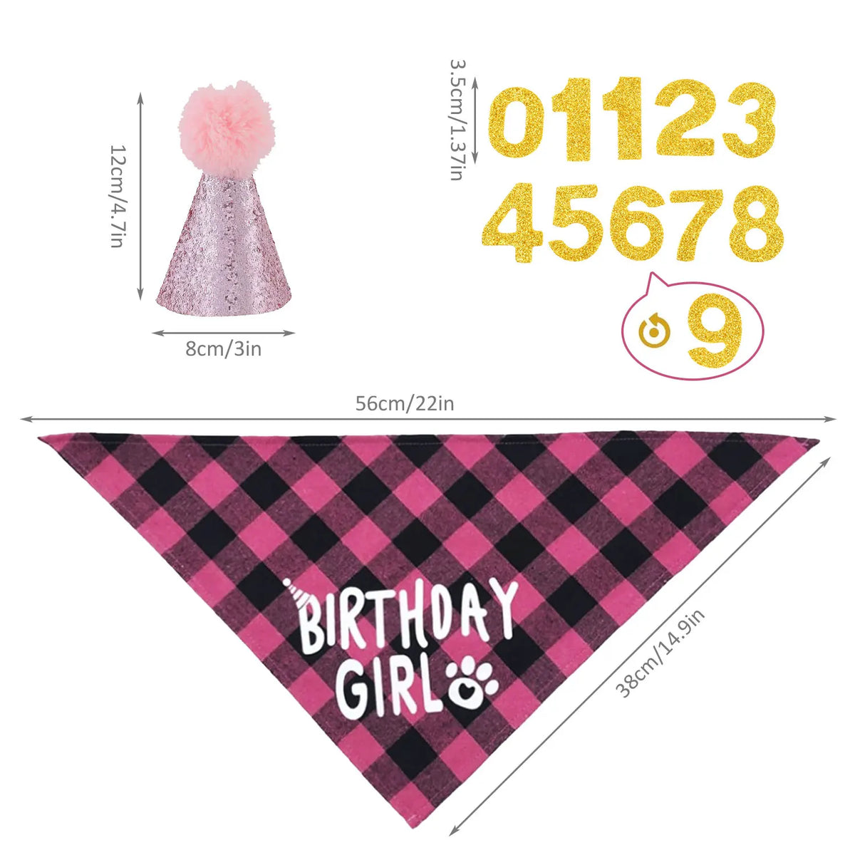 Bannière de fête d'anniversaire rose et noir à carreaux avec le texte Birthday Girl et des chiffres dorés