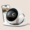 Una cámara de robot mascota inteligente blanca junto a un smartphone mostrando una transmisión de video.
