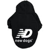Black cozy fleece dog hoodie with a white New Dogs logo on the chest