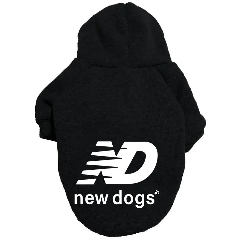 Black cozy fleece dog hoodie with a white New Dogs logo on the chest