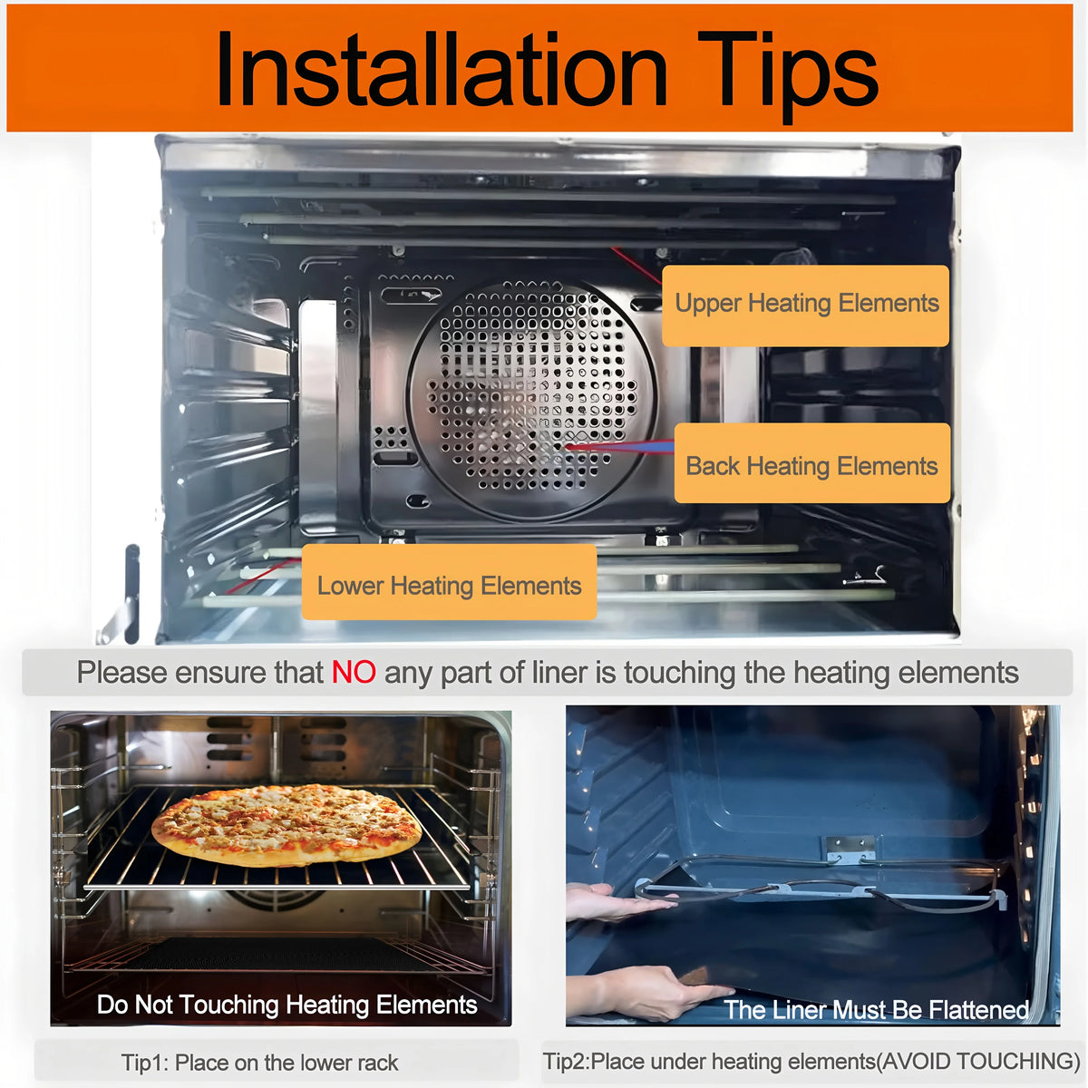 Installation tips for an oven showing upper, back, and lower heating elements.
