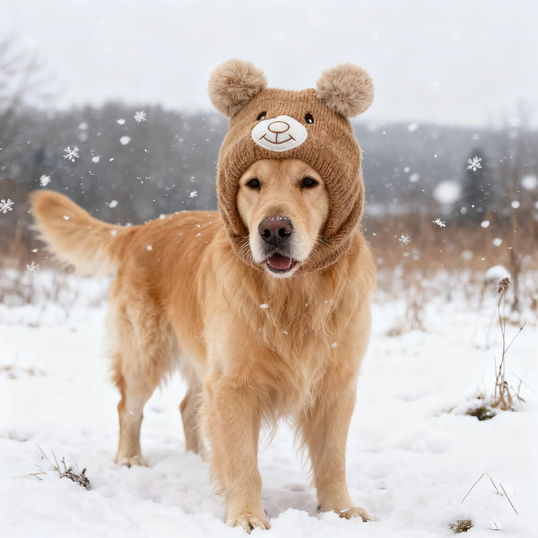 A golden retriever wearing a knitted brown hat with bear ears standing in the snow.