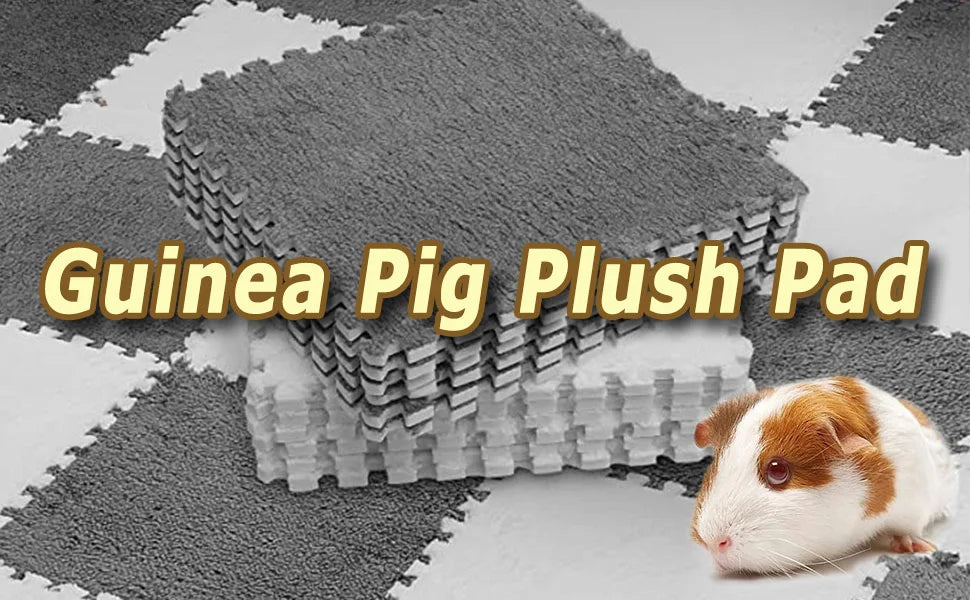 A Guinea Pig plush pad is shown next to a small, fluffy guinea pig on a gray and white mat.