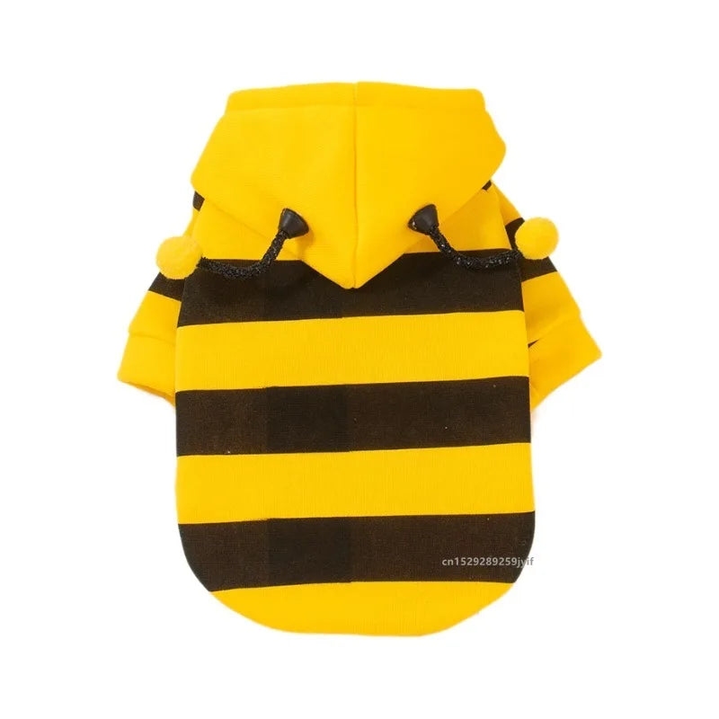 Yellow and black striped hoodie with a yellow hood and black trim for small pets