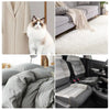 A collection of soft, light gray and beige cloud-shaped lint roller refills and a gray upholstered car seat.