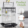 A multi-tiered black and white bird cage with a mesh guard net and a sliding skirt, showing various birds inside.