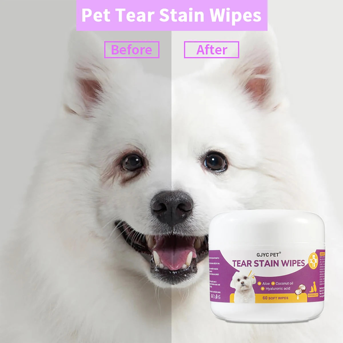 Before and after comparison of pet tear stain wipes on a white dog's face