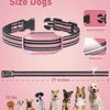 Pink adjustable dog training collar shown with various sized dogs for demonstration.