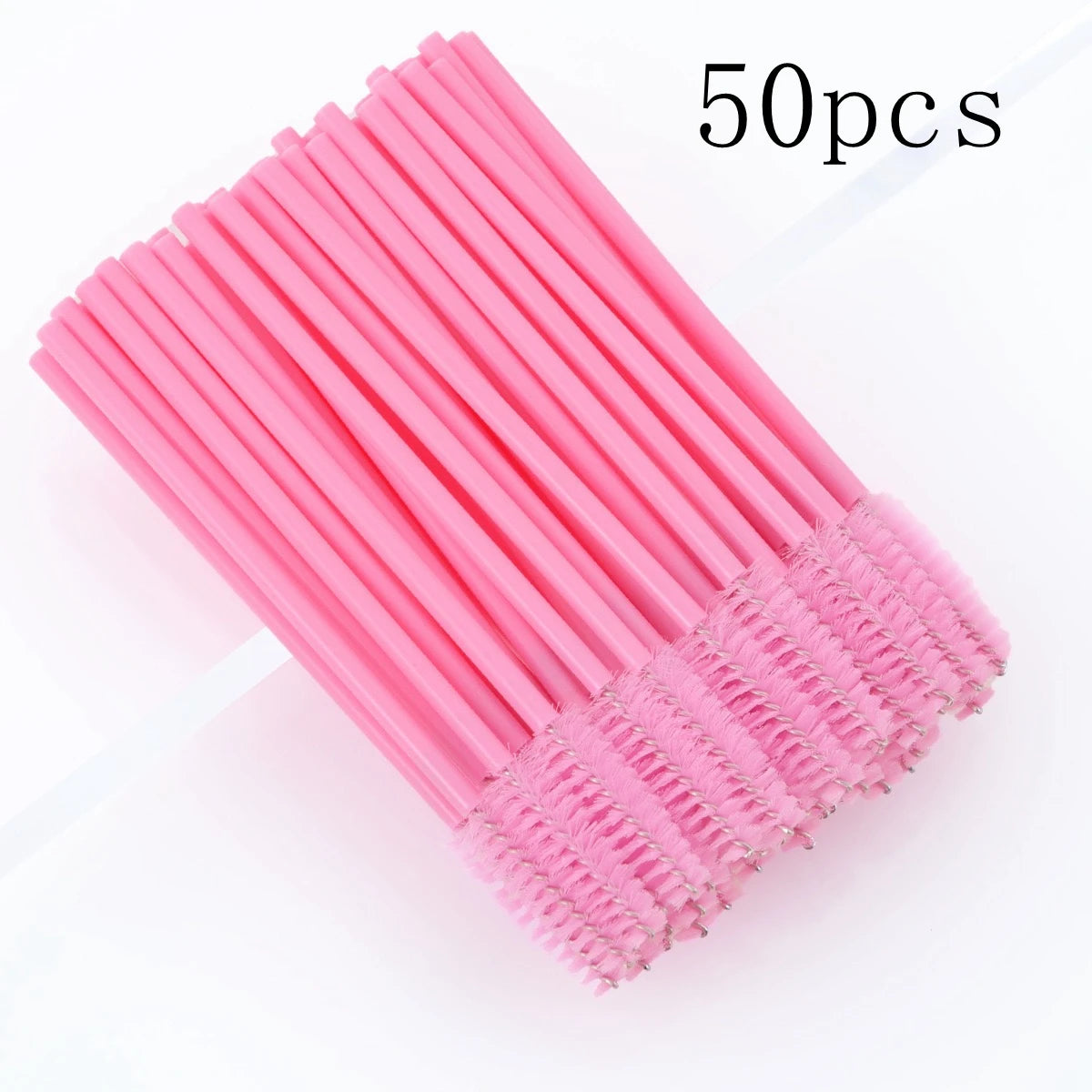 A bundle of 50 pink disposable eyelash and eyebrow brush sets.