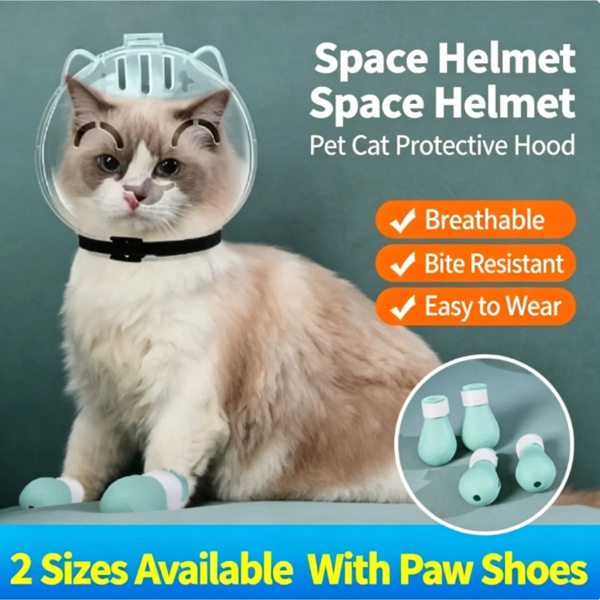 A fluffy cat wearing a clear space helmet protective hood with silicone paw shoes