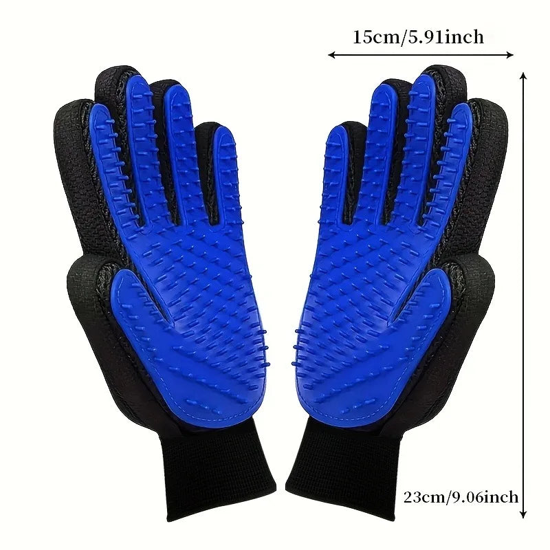 Par de guantes de silicona azul para masajes y eliminación de pelo de mascotas, con dimensiones