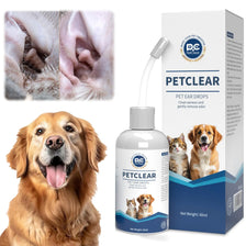 Bottle of Petclear ear drops for dogs and cats with a dog and cat illustration.