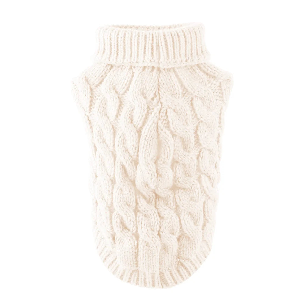 Cremefarbener Strickpullover für eine Katze mit texturierter, gerippter Borte und Körper.