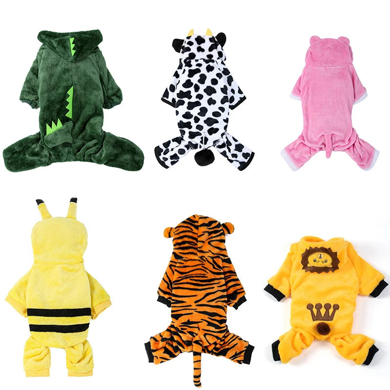 A collection of soft fleece dog jumpsuits and hoodies in various colors and patterns.