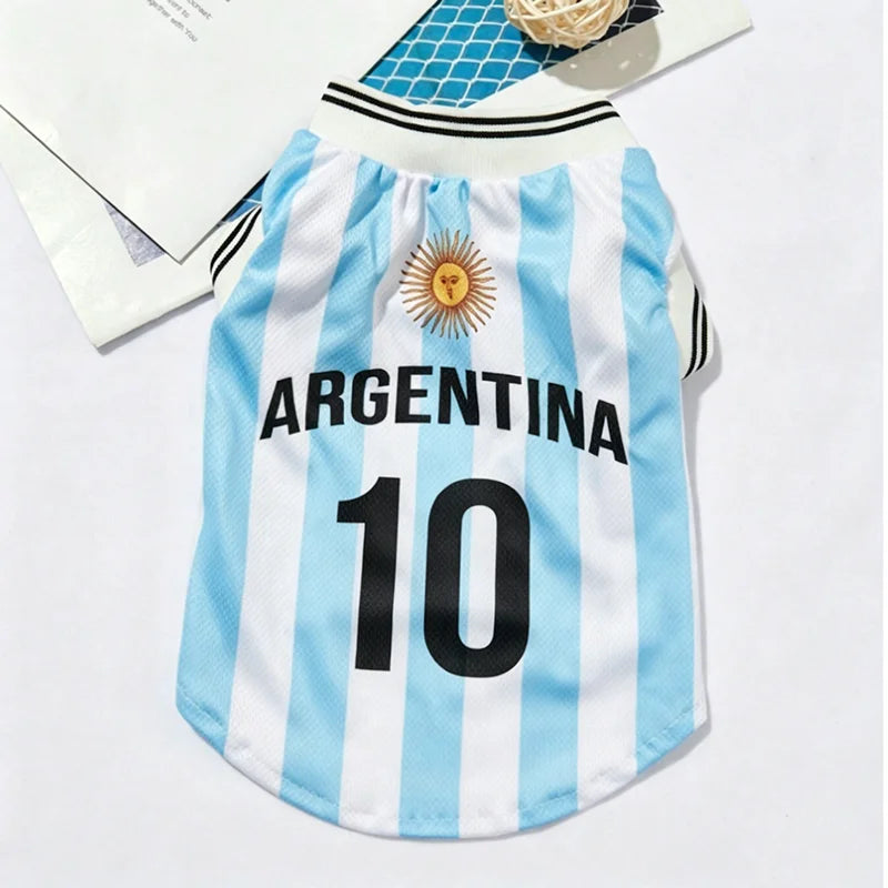 Maillot de football argentin pour chiens et chats avec des rayures verticales bleu clair et blanc et le numéro 10