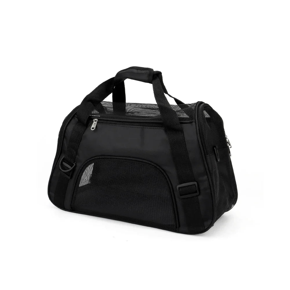 Black breathable mesh pet carrier bag designed for cats and small dogs