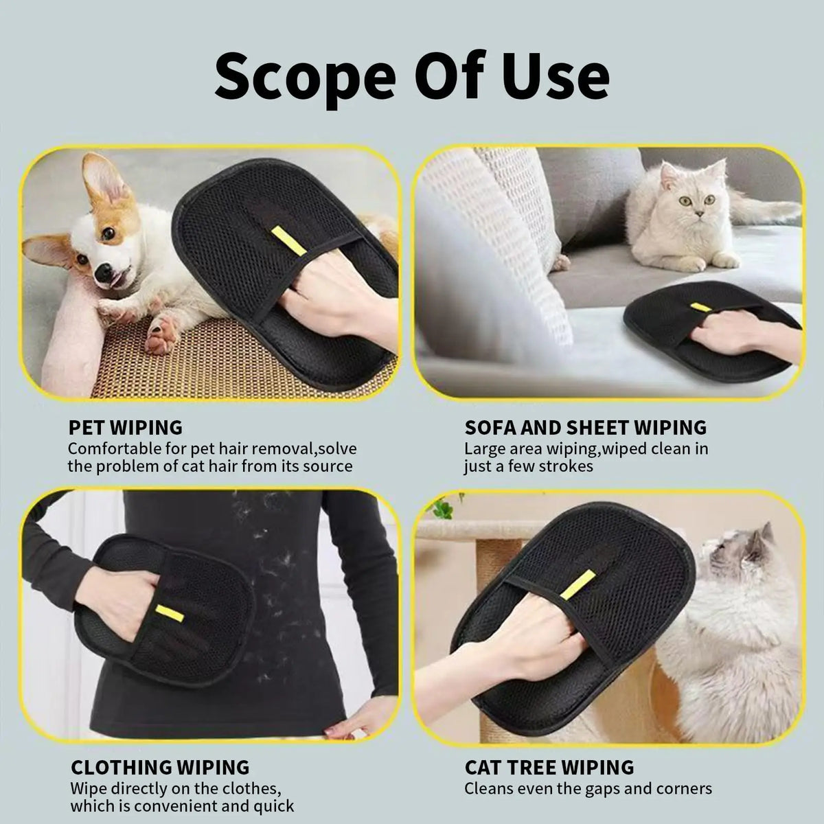 Black reusable electrostatic gloves used for pet hair removal on cats and clothing.