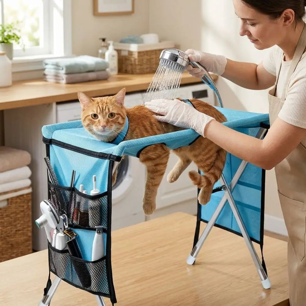 A woman is using a foldable pet grooming hammock to bathe and trim a cat.