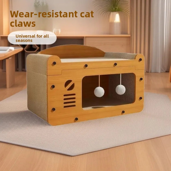 A wooden cat scratcher house and lounge bed with a mesh enclosure for a pet.