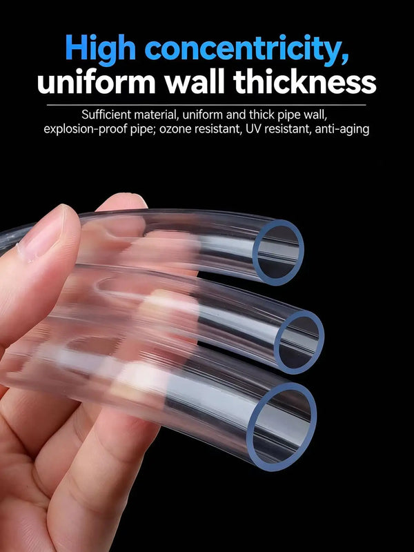 A hand holds a clear, uniform wall thickness PVC flexible tubing for various applications.