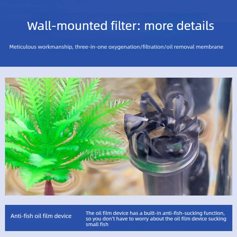 Wall-mounted filter showing a green fern plant and a black filtration device.