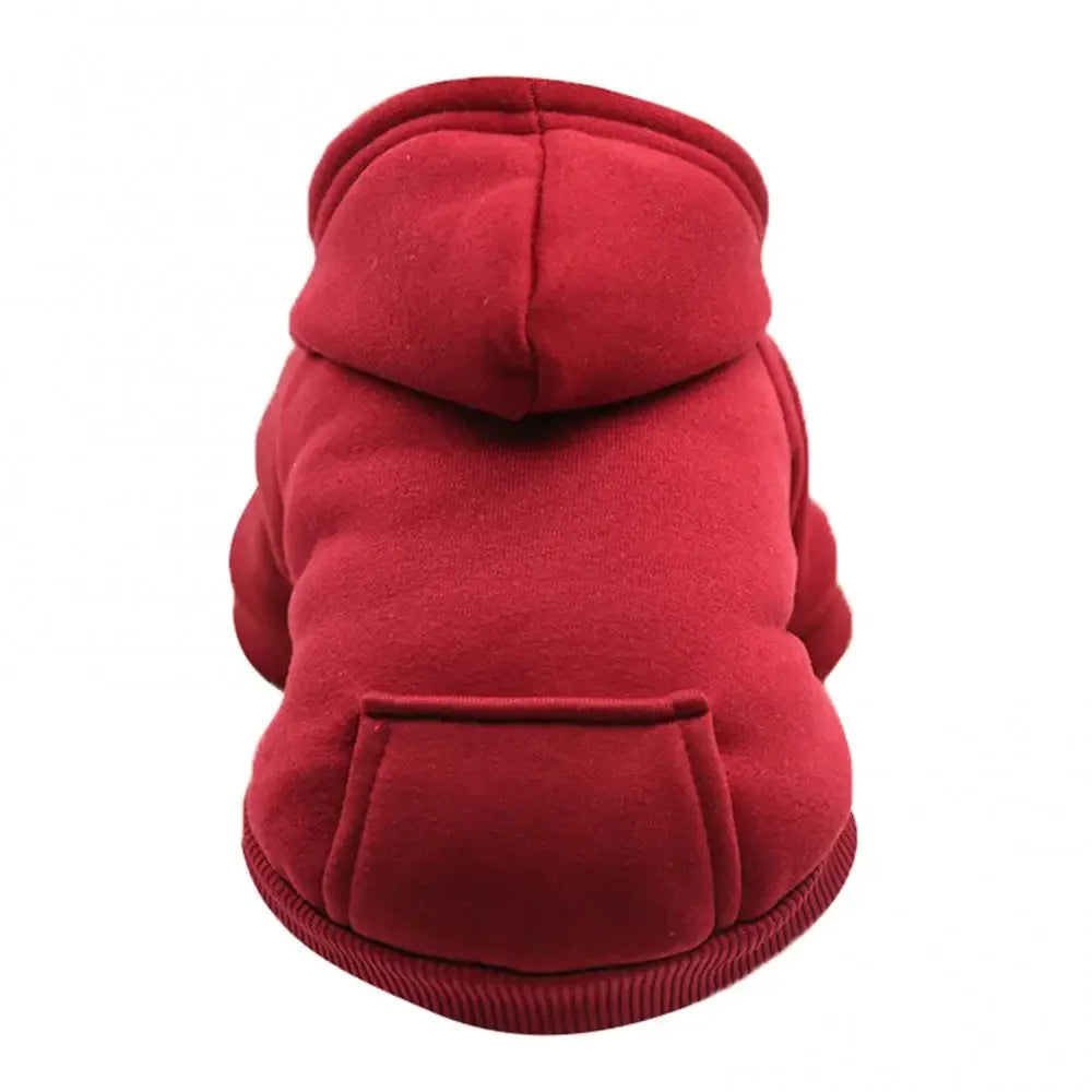 A deep red, fuzzy hooded sweatshirt designed for pets.