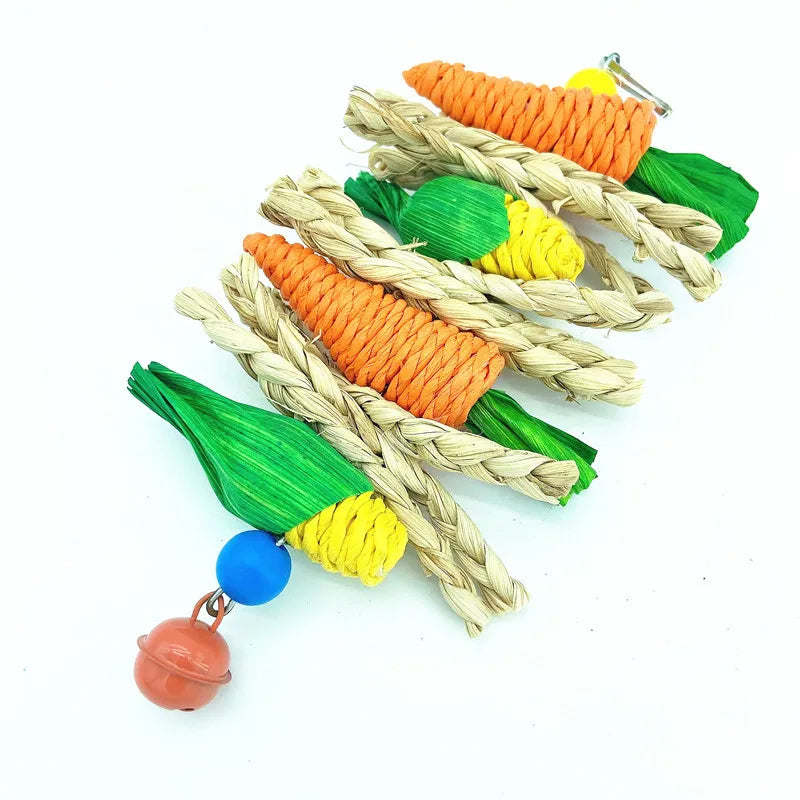 Handwoven natural vine bird and pet swing toy featuring orange and green woven vines.