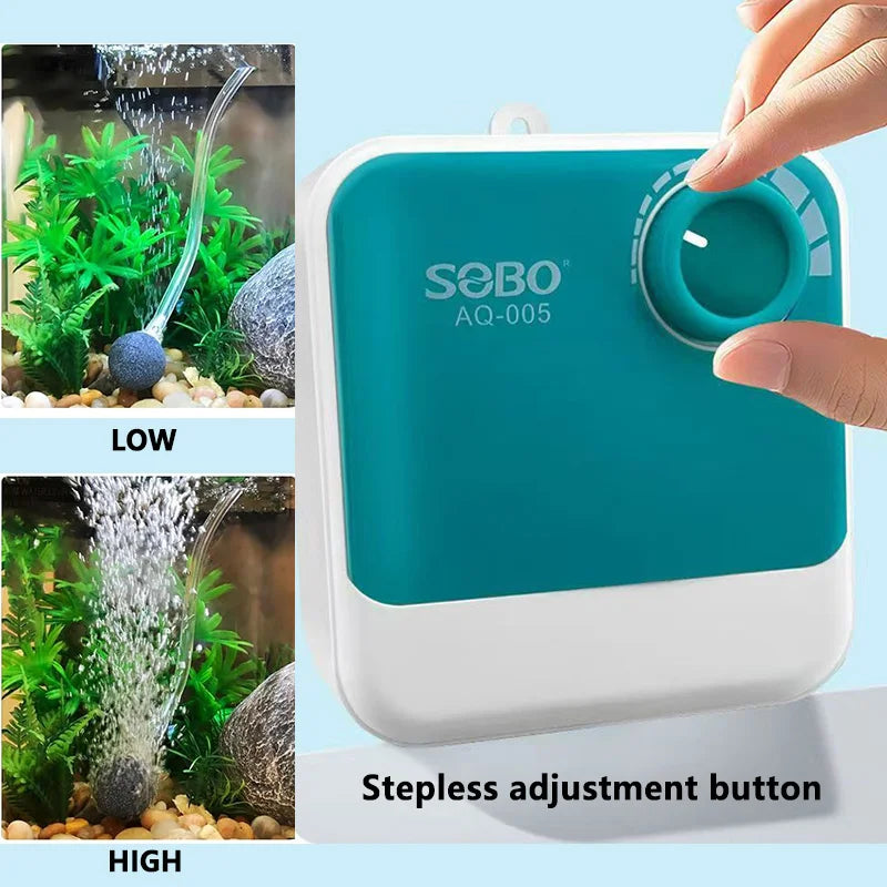 A white and teal air pump device with a button is shown next to examples of low and high oxygenation in an aquarium.
