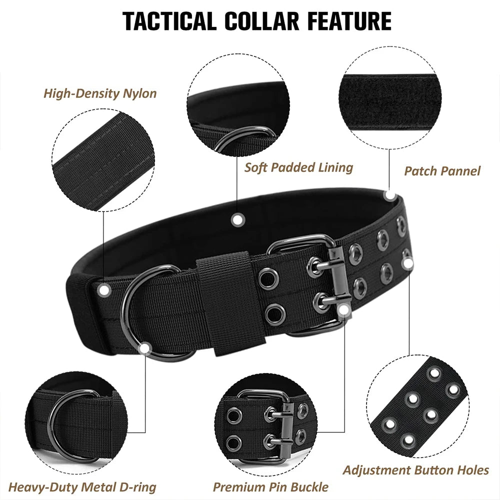Black tactical nylon dog collar featuring a patch panel and heavy-duty metal D-ring buckle