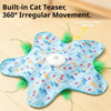 A light blue cat teaser toy with a feather wand and irregular movement is shown on a wooden surface.