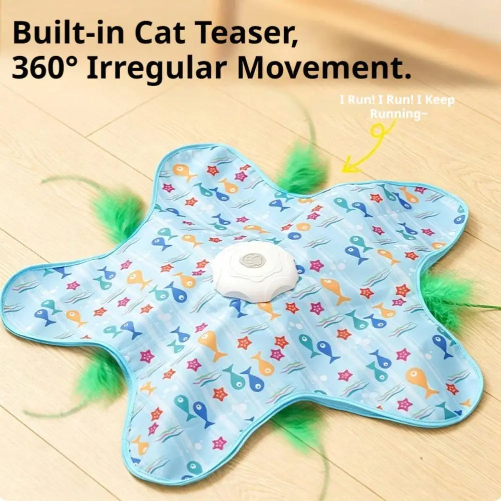A light blue cat teaser toy with a feather wand and irregular movement is shown on a wooden surface.