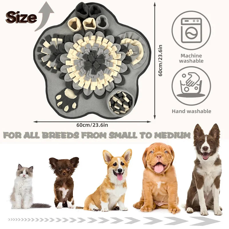 A gray pet sniffing mat designed for dog training and slow feeding, shown with various breeds.
