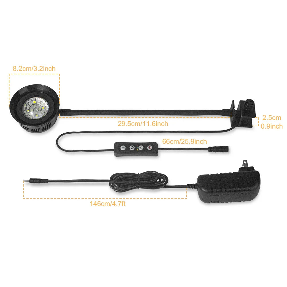 30W dimmbare Full-Spektrum-LED-Reefleuchte mit Kopf, Kabel und Netzadapter für Meeresaquarien.