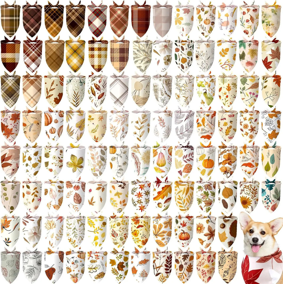 A pack of 100 donut print dog bandanas featuring various holiday and party designs.