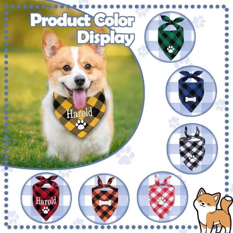 Un perro con una bandana a cuadros amarillo y negro con el nombre Harold, rodeado de diversas bandanas bordadas con nombres d