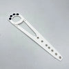 A white adjustable cat door latch with a stabilizer and multiple mounting holes.