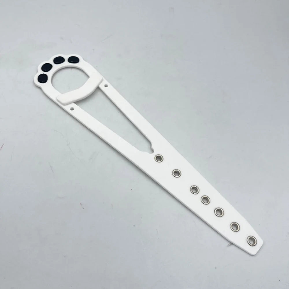 A white adjustable cat door latch with a stabilizer and multiple mounting holes.