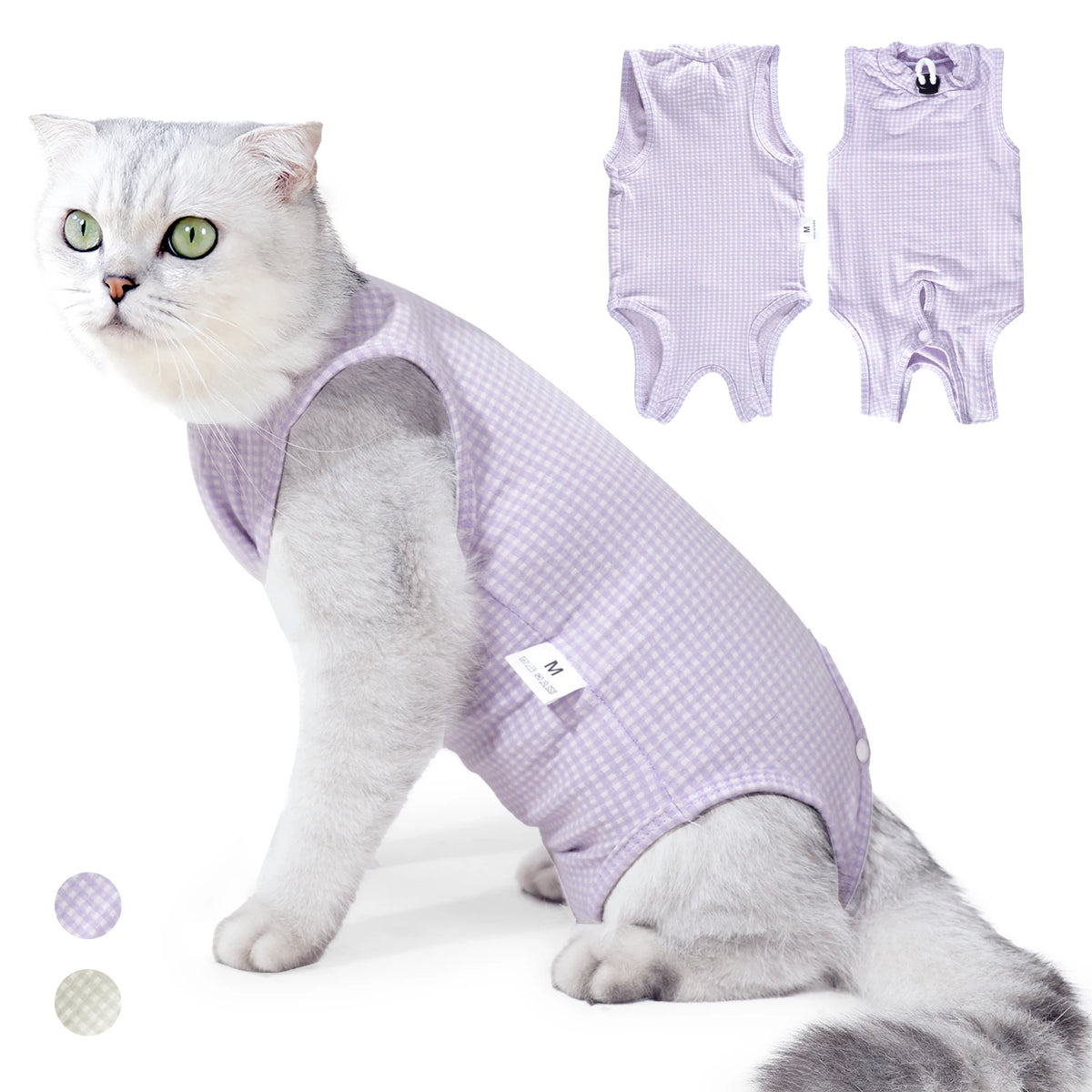 Un chat gris et blanc duveteux portant une tenue de récupération vétérinaire lavande pour chats.