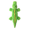 A bright green plush dog toy with a textured body and a yellow cord.