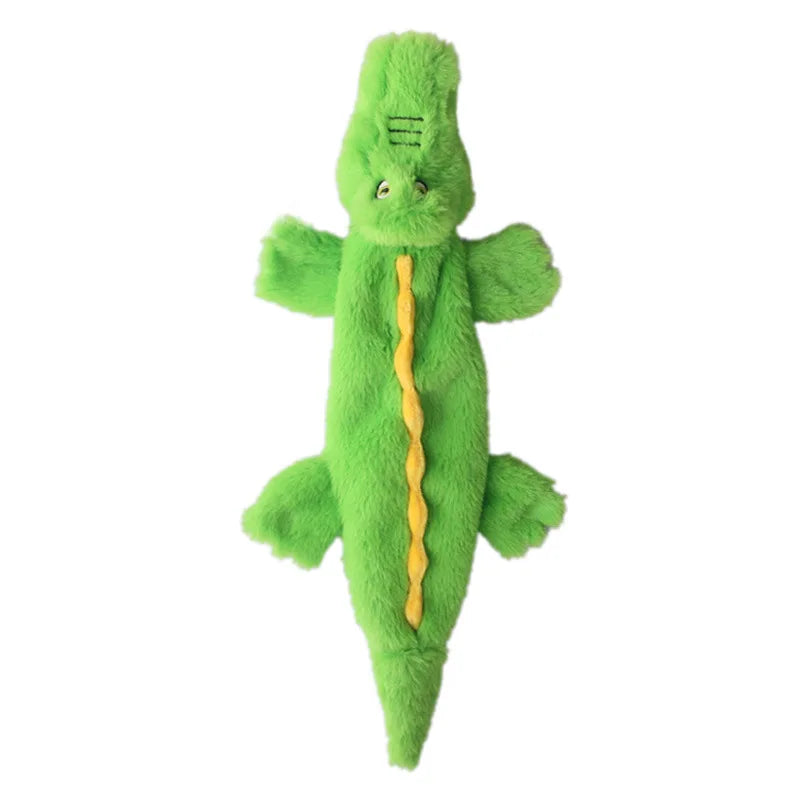 A bright green plush dog toy with a textured body and a yellow cord.