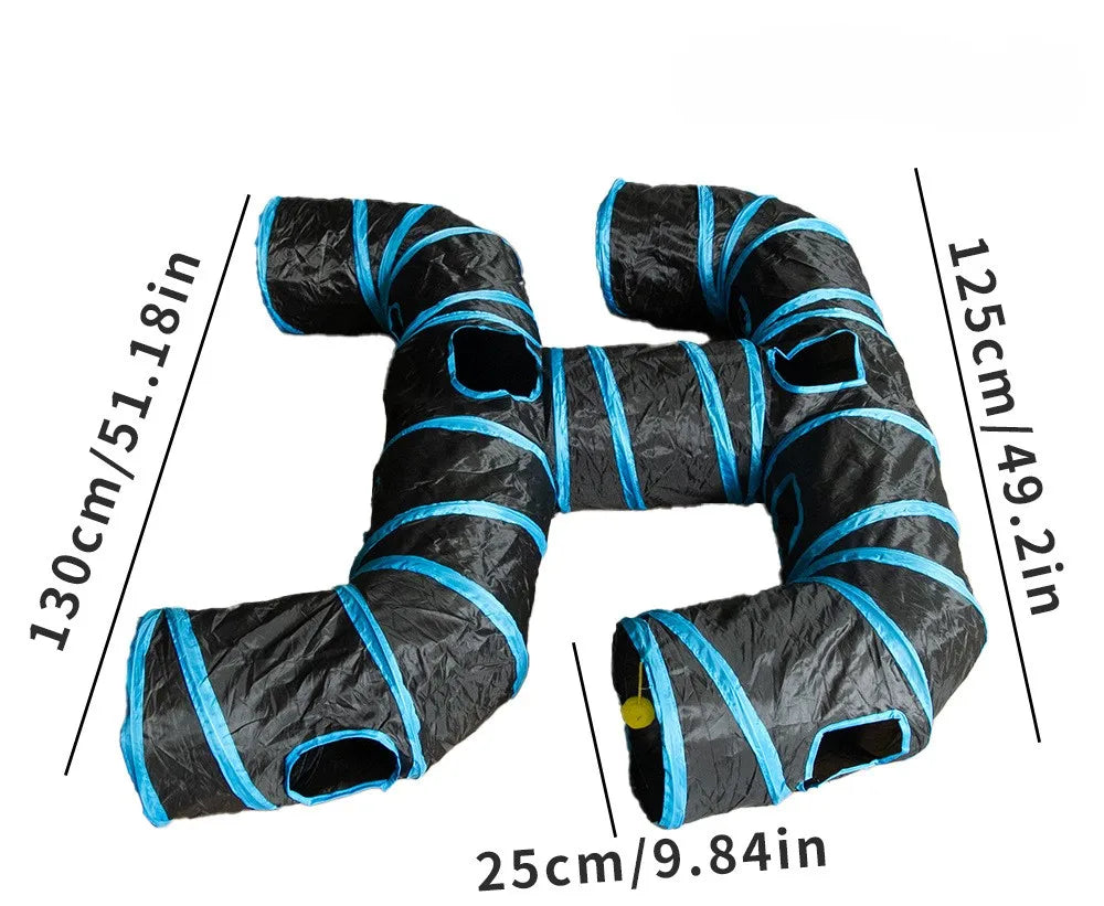 Black and blue foldable cat play tunnel for indoor exercise with dimensions 130cm by 25cm.