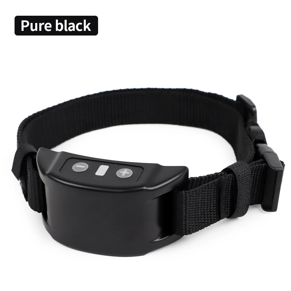 A black rechargeable anti-bark training collar for dogs shown against a white background.