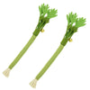 Two green catnip molar stick toys with fluffy ends and golden accents.